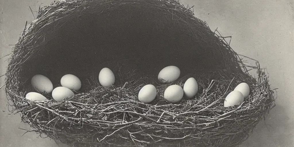 Prompt: very large cat guarding it's eggs, giant nest. Tiny business men. strange, photograph, 1850s