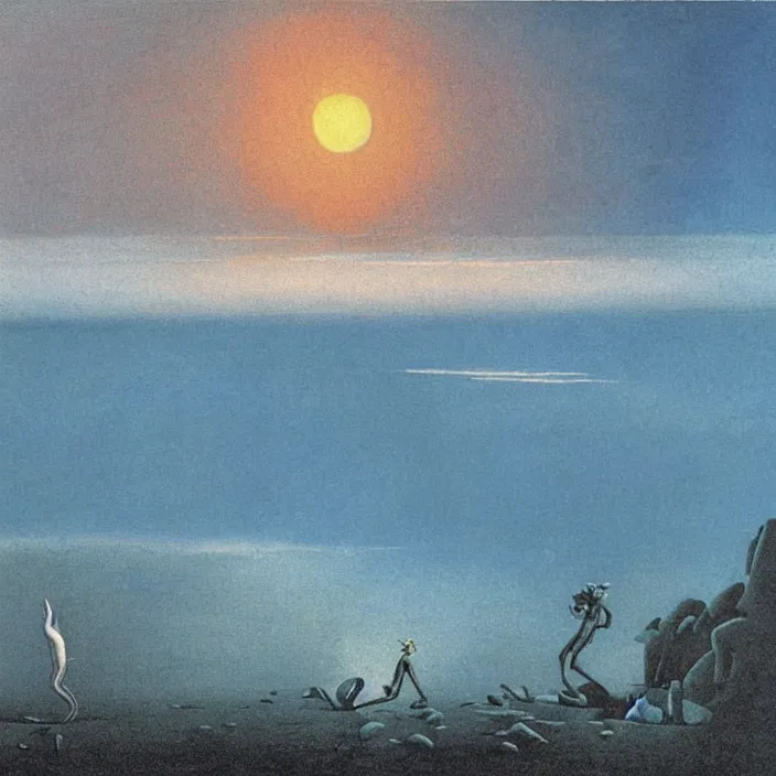 Image similar to the first blue color getting out of the primordial ocean to walk on land. sunset through the clouds. codex seraphinianus. painting by yves tanguy, caspar david friedrich, moebius, walton ford, rene magritte