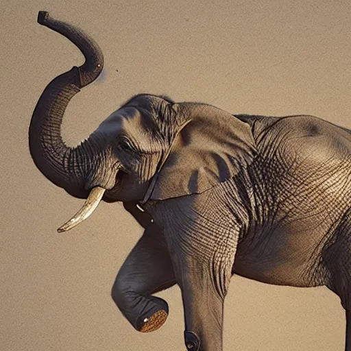 Image similar to an elephant falling apart and crumbling to dust to the air, photorealistic