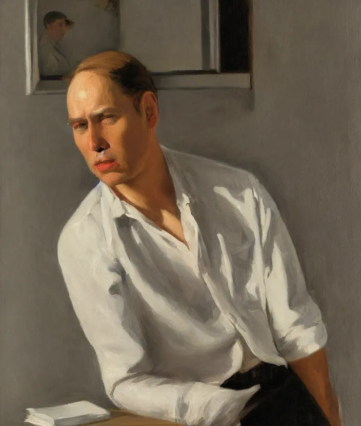 Image similar to a very detailed portrait of a man in a white shirt and a leather jacket over his shoulder, the man is wearing a lot of silver necklaces, in the style of edward hopper and oswald hornby joseph birley, very small brushstrokes, 4 k,