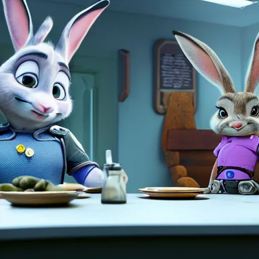 Image similar to Judy Hopps, the rabbit police officer from Zootopia, interrogating Hannibal Lecter, 4k movie still