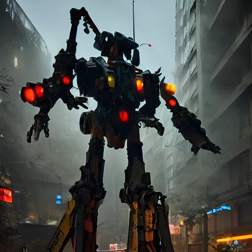 Image similar to six feet tall mech fighting in an urban environment, gaudi, by ismail inceoglu, octane render, by weta digital, cinematic lighting, bump mapped, lumen reflections, action scene screenshot, epic scale