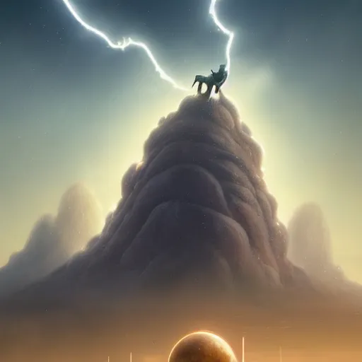 Image similar to a digital painting of a gigantic big enormous humanoid monster standing in the sky, concept art by simon stalenhag and peter mohrbacher cgsociety, vanitas, ominous, lovecraftian, speedpainting, apocalypse art. high angle shot. mist. unreal engine. hyper - realistic. photo realistic. octane render. detailed masterpiece. extreme wide shot.