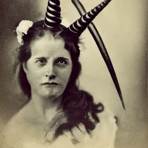 Image similar to Circus poster of a lady with a unicorn horn on her forehead, 19th century, 1900s photography