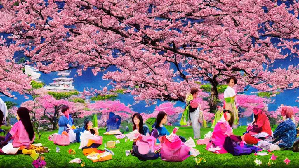 Image similar to a small group of people flower viewing sakura picnic, japan, a collage painting, in the style of wes anderson, lola dupre, david hockney, isolated on negative white space background dark monochrome neon fluorescent spraypaint accents volumetric octane render