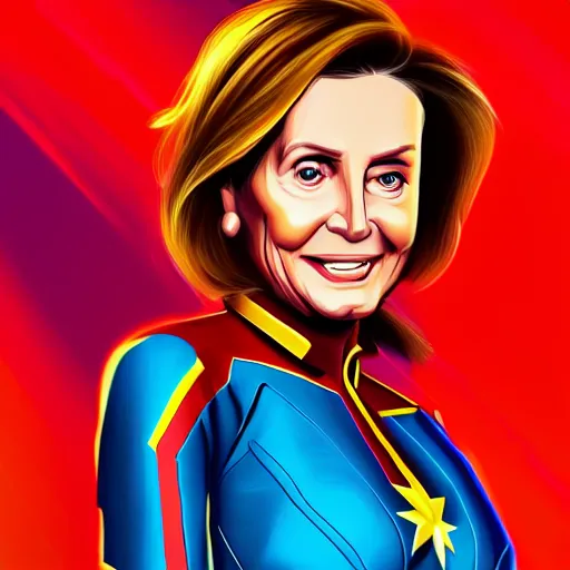 Image similar to Nancy Pelosi as Captain Marvel, digital art, cgsociety, artstation, trending, masterpiece