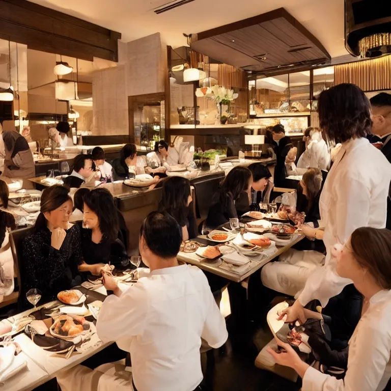 Image similar to a woman asking a waiter for a sushi inside of a luxurious 5 star sushi restaurant, theres a line of people in the womans back waiting for an order too