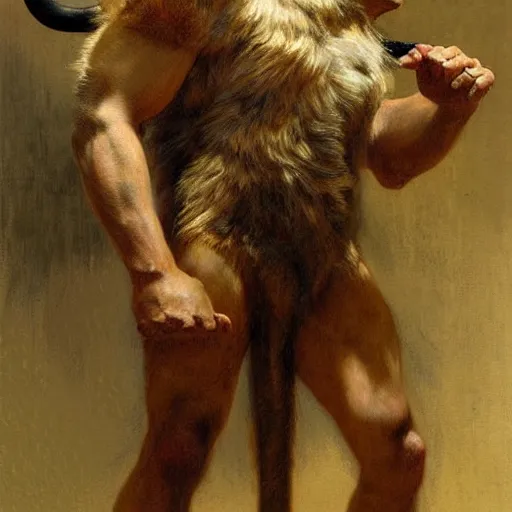 Image similar to a portrait of a furry minotaur wearing a tshirt and pants, furry body, furry chest, furry arms, furry legs, tail. highly detailed painting by gaston bussiere, craig mullins, j. c. leyendecker, furry