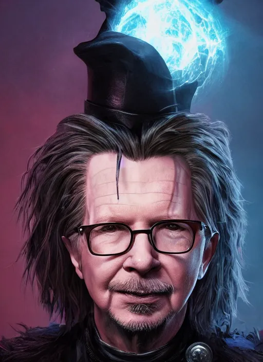 Prompt: A fantasy comic book style portrait painting of Gary Oldman as a wizard in dark castle setting, unreal 5, DAZ, hyperrealistic, octane render, RPG portrait, dynamic lighting