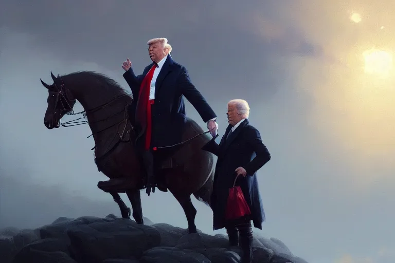 Image similar to Portrait of Trump and Biden , dark makeup, dark crown with magical ruby, painting by Studio Ghibli, Ivan Aivazovsky and Greg Rutkowski, artstation, fantasy, intricate, beautiful, cinematic, octane render, arnold render, 8k, hyper realism, detailed, sharp focus, 4k uhd, masterpiece, award winning