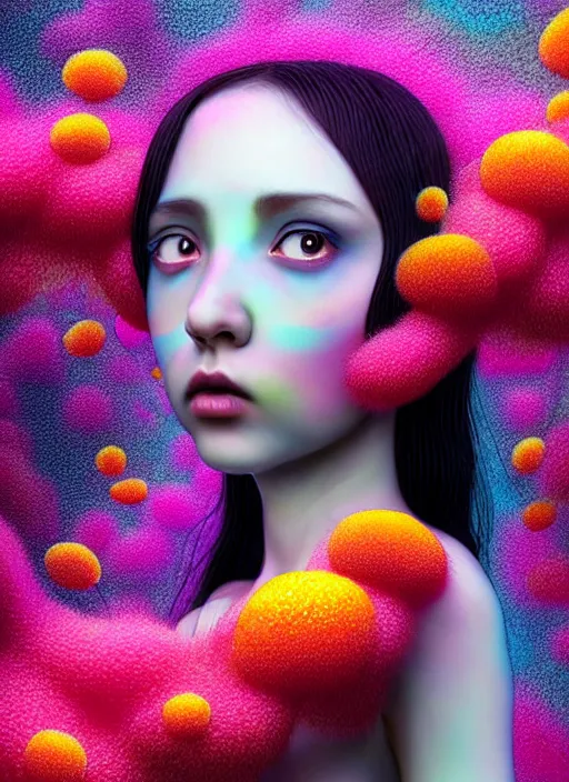 Image similar to hyper detailed 3d render like a Oil painting - kawaii portrait Aurora (black haired Fae) seen Eating of the Strangling network of yellowcake aerochrome and milky Fruit and Her delicate Hands hold of gossamer polyp blossoms bring iridescent fungal flowers whose spores black the foolish stars by Jacek Yerka, Mariusz Lewandowski, Houdini algorithmic generative render, Abstract brush strokes, Masterpiece, Edward Hopper and James Gilleard, Zdzislaw Beksinski, Mark Ryden, Wolfgang Lettl, hints of Yayoi Kasuma, octane render, 8k