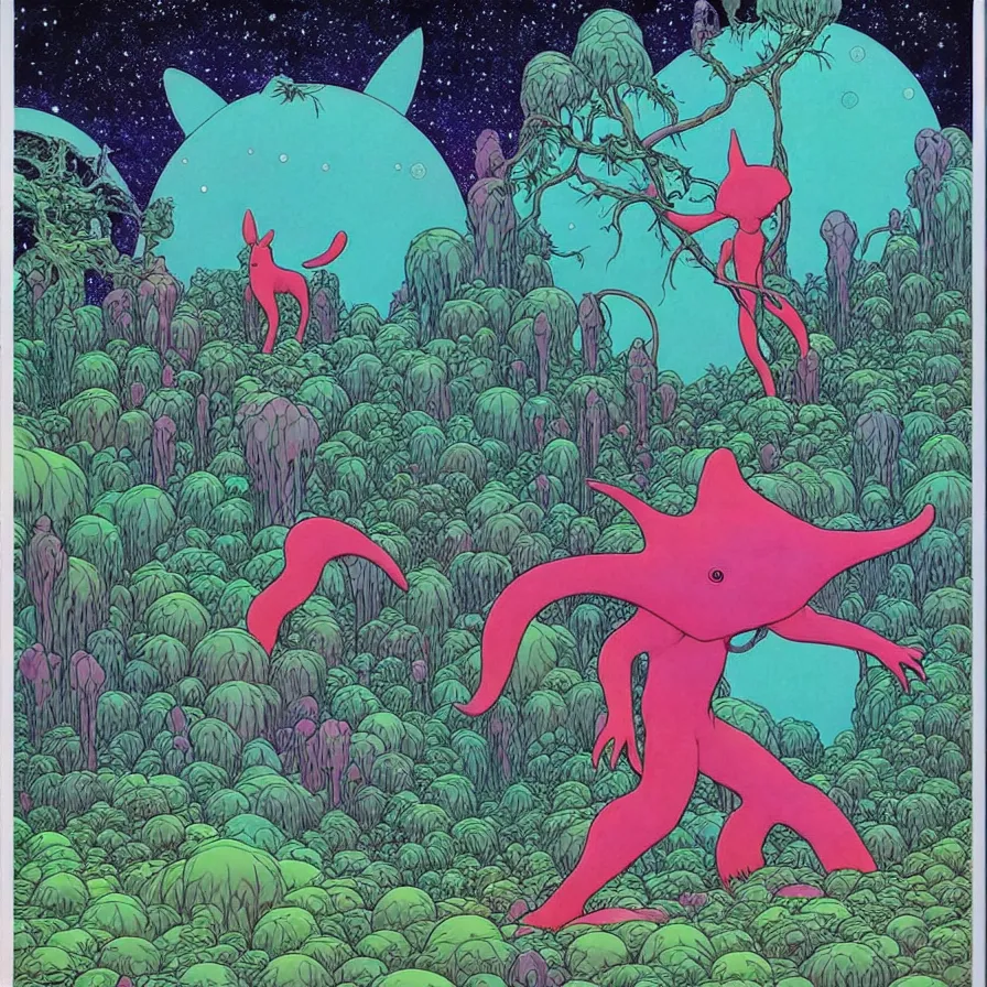 Image similar to ( ( ( ( ( forest and cute creatures on a mysterious planet ) ) ) ) ) by mœbius!!!!!!!!!!!!!!!!!!!!!!!!!!!, overdetailed art, colorful, record jacket