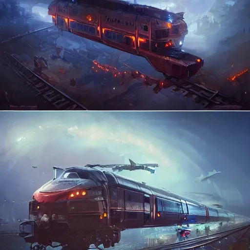 Image similar to flying trains, magical world, by greg rutkowski, sung choi, photo realistic, 8 k, cinematic lighting, hd, atmospheric, hyperdetailed, trending on artstation, devainart, digital painting, glow effect