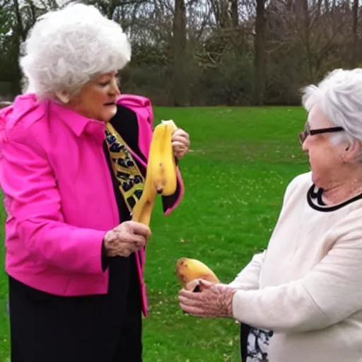 Prompt: went to the park and saw my nan eating a banana with elvis presley they were dancing on ice