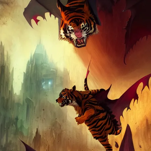 Image similar to bat/tiger, Angry, manic, magic the gathering artwork, horror, D&D, fantasy, cinematic lighting, centered, symmetrical, highly detailed, digital painting, artstation, concept art, smooth, sharp focus, illustration, volumetric lighting, epic Composition, 8k, art by Akihiko Yoshida and Greg Rutkowski and Craig Mullins, oil painting, cgsociety