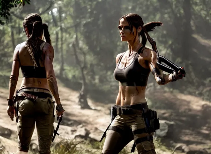 Image similar to film still of!!!! jared leto!!! as lara croft in new tomb raider movie, 8 k