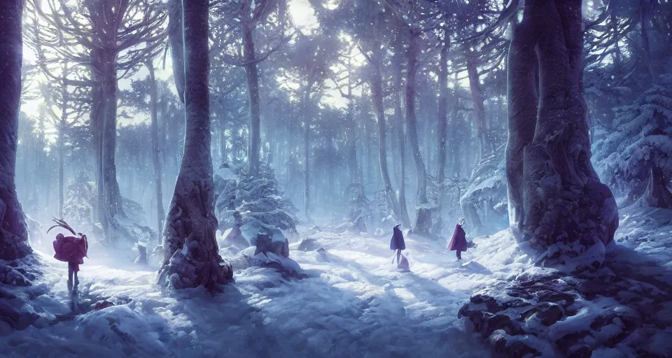 Image similar to highly detailed snowy fairytale forest, stephen bliss, unreal engine, greg rutkowski, loish, rhads, beeple, makoto shinkai and lois van baarle, ilya kuvshinov, rossdraws, tom bagshaw, tom whalen, alphonse mucha, global illumination, god rays, detailed and intricate environment