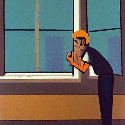 Prompt: a man begs his computer and monitor for more dalle 2 prompts. the apocalypse outside his giant apartment window. oil painting, 1 9 7 0 s