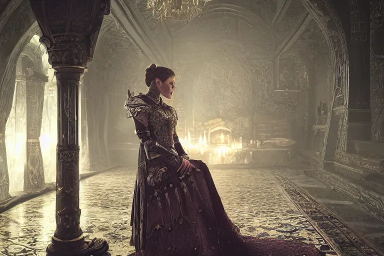 Image similar to the elder scrolls vi, charismatic regal brunette female jarl, portrait, rustic throne room, atmospheric lighting, painted, intricate, volumetric lighting, beautiful, daytime,, slight overcast weather, 4 0 0 0 k, sharp focus, deep colours, ultra detailed, by leesha hannigan, ross tran, thierry doizon, kai carpenter, ignacio fernandez rios