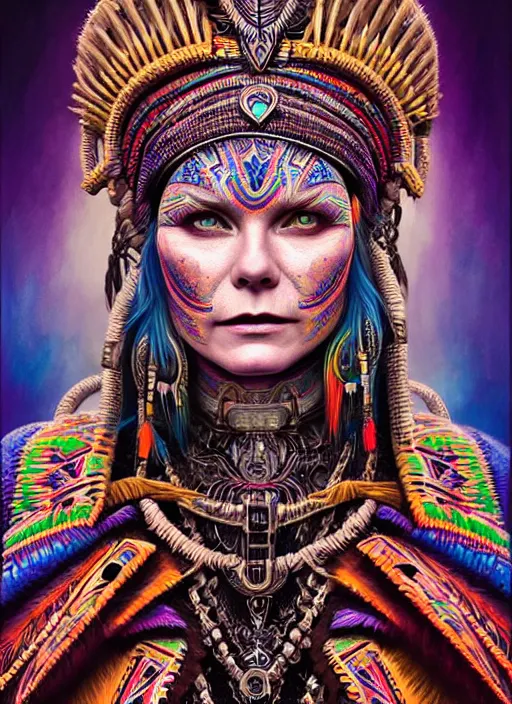 Image similar to portrait of kirsten dunst, hyper detailed ultra sharp aztec shaman warrior. trending on artstation, warpaint aesthetic, bloodwave, colorful, psychedelic, ornate, intricate, digital painting, concept art, smooth, sharp focus, illustration, art by artgerm and greg rutkowski and h. r. giger, 8 k