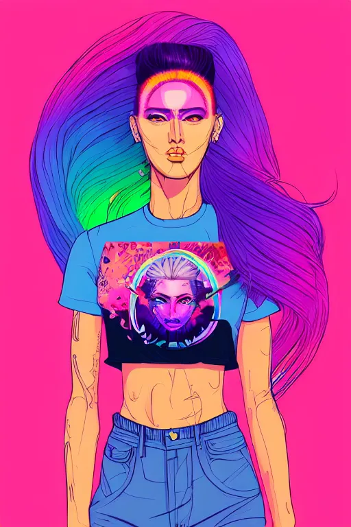 Image similar to a award winning half body portrait of a beautiful woman with stunning eyes in a printed croptop and cargo pants with rainbow colored ombre hairstyle head in motion and hair flying by josan gonzales, outrun, vaporware, shaded flat illustration, digital art, trending on artstation, highly detailed, fine detail, intricate