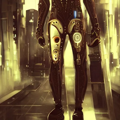 Image similar to a man who wears futuristic clothing has a mechanical hand and is walking in a cyberpunk street, trending on artstation, cgsociety contest winner!!, intricately detailed, golden ratio!!, centered!!