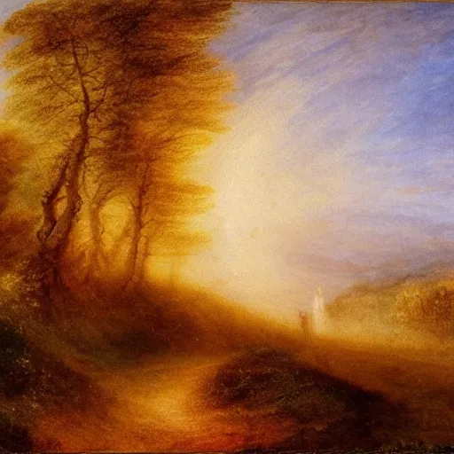 Prompt: a beautiful country path, golden light , sense of awe, in the style of Turner