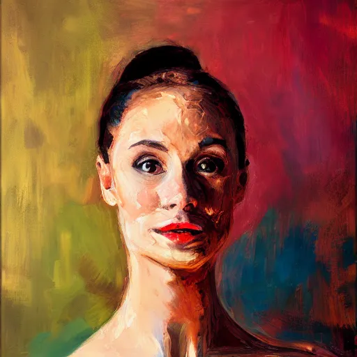 Image similar to portrait of a ballerina, impasto paint, 8 k, cinematic light, shadows, reflection highlights in the paint,