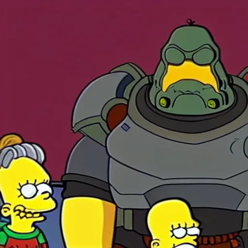 Prompt: doom slayer guest starring on the simpsons, matt groening style