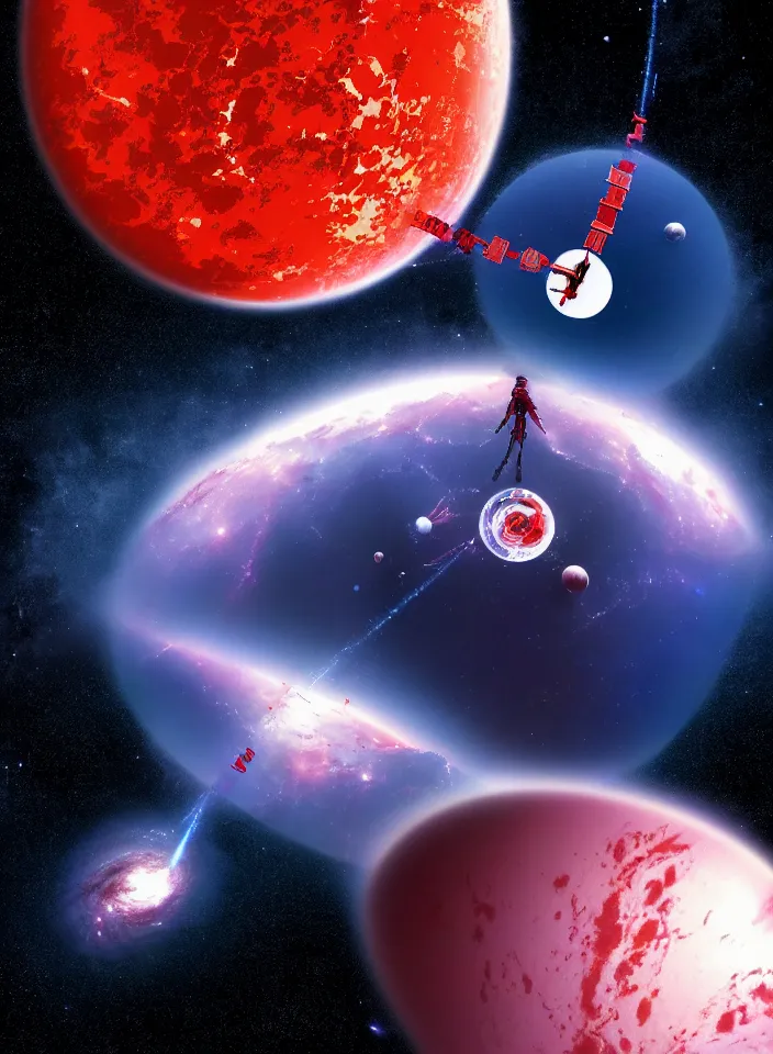 Prompt: evangelion movie style big DNA spiral like space station in space around big red earth, bottom view, milky way, two moons, hyper realistic, cinematic 8k