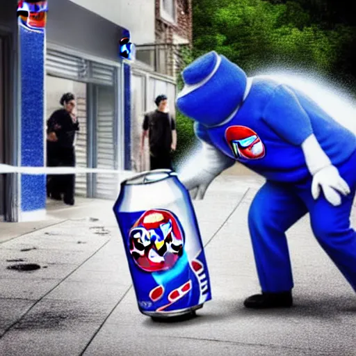 Image similar to Pepsi Man is throwing cans of pepsi at elderly woman. realistic photograph.