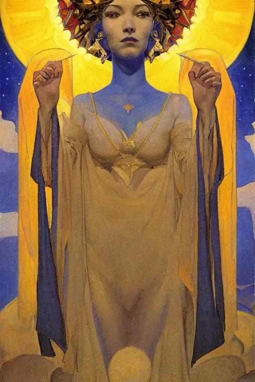 Prompt: queen of the sun and moon and stars by Nicholas Roerich and Annie Swynnerton and Diego Rivera and jean delville, dramatic cinematic lighting , ornate headdress , flowing robes, sacred artifacts, lost civilizations, smooth, sharp focus, extremely detailed