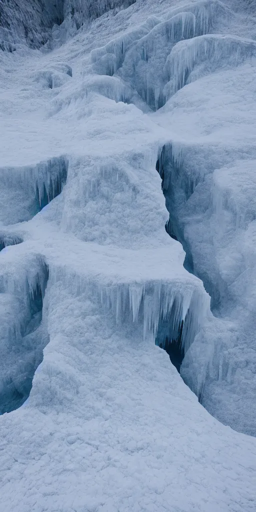 Image similar to a frozen canyon, minimalist structure, covered in ice, in the style of reuben wu, roger deakins