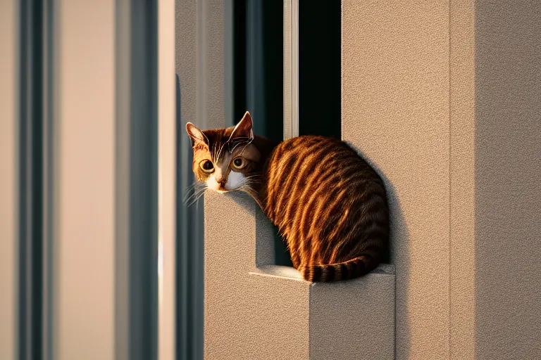 Image similar to vfx film closeup, cat on a window ledge, flat color profile low - key lighting award winning photography arri alexa cinematography, hyper real photorealistic cinematic, atmospheric cool colorgrade