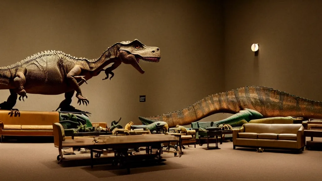Image similar to a dinosaur lying on a couch at a museum, film still from the movie directed by Denis Villeneuve with art direction by Salvador Dalí, wide lens