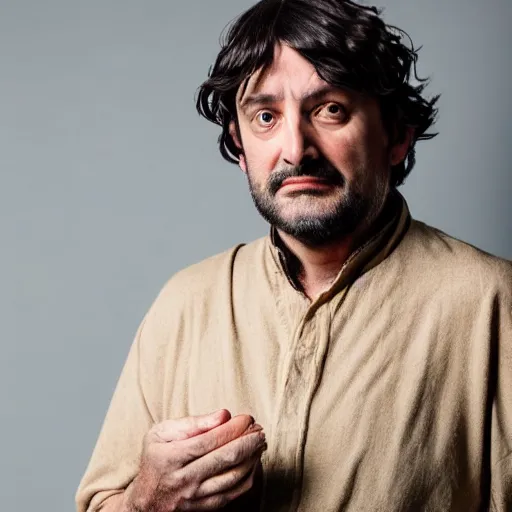 Image similar to richard iv the roman king, excited real human wearing cashmere shirt, soft studio lighting, sigma lens photo, he is looking directly into camera holding something soft