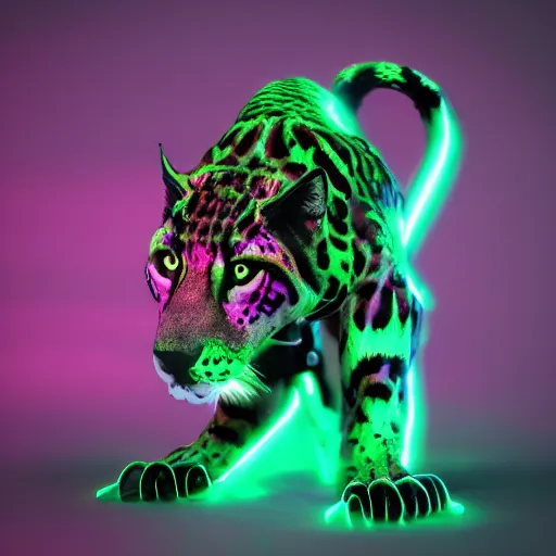 Prompt: a neon cyberpunk cyborg jaguar animal, octane render