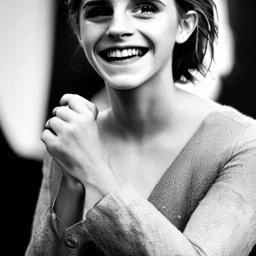 Image similar to A photo of laugh emma watson showing wedding ring on his finger. 50 mm. perfect ring. award winning photography