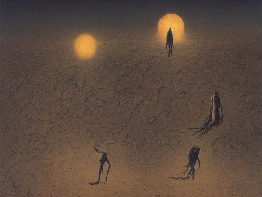 Image similar to Eldritch horror descending from the moon on a desert land, by zdzisław beksiński