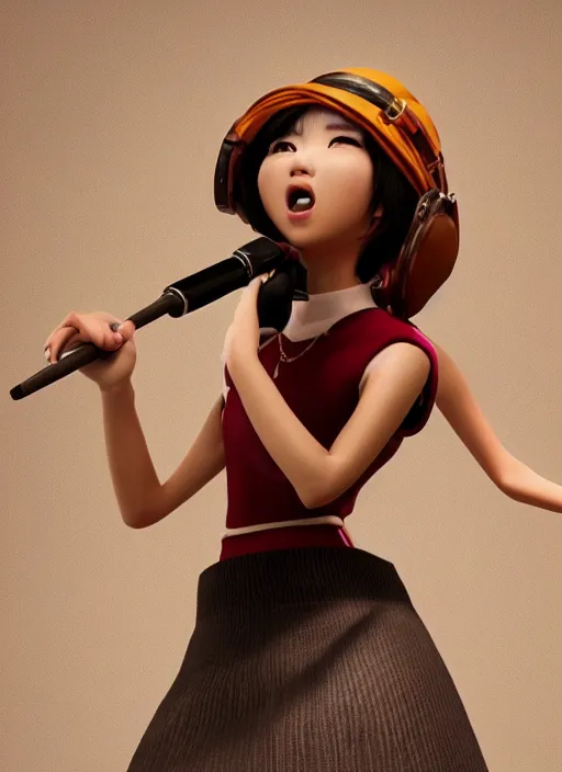 Image similar to a cute Asian girl singing, short stylish hair in the style of DreamWorks animation, mid-shot, low angle view, 16mm lens, award winning, hyper detailed, studio lighting, artstation, octane renderer, unreal engine