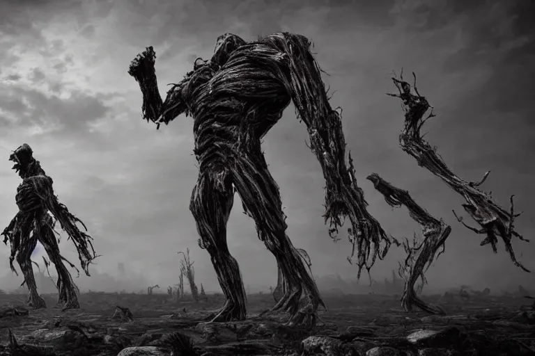 Prompt: a giant horrific titan in the distance, made of flesh and muscles, photograph, picture, photo,