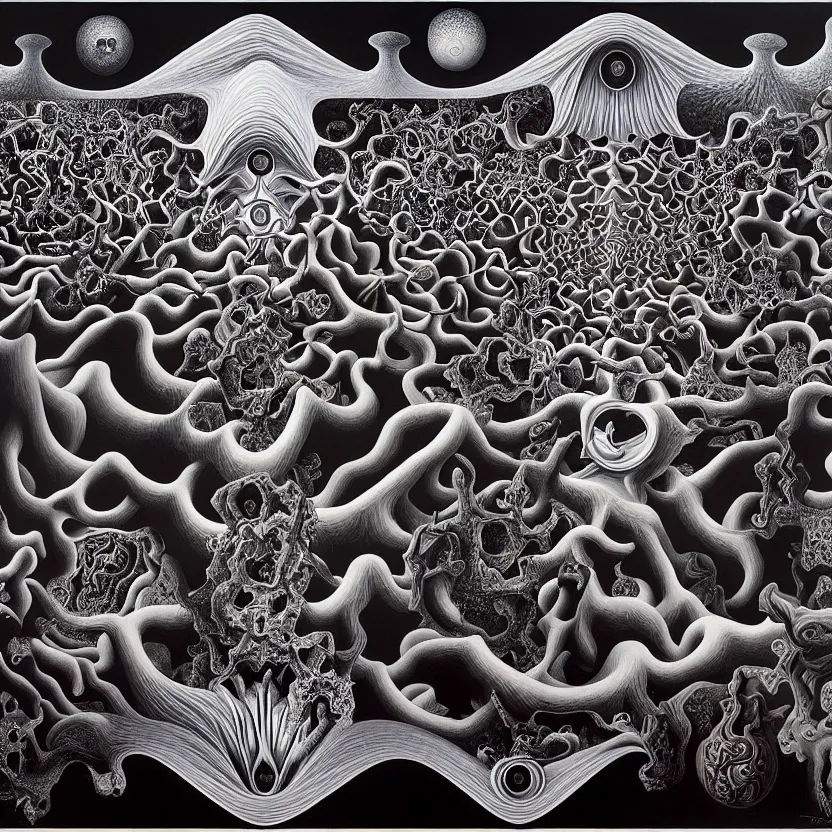 Prompt: infinite fractals of darkness, recursion, surreal, by salvador dali and mc escher and alex grey, oil on canvas, hd, dreams, intricate details, dark, vivid colors