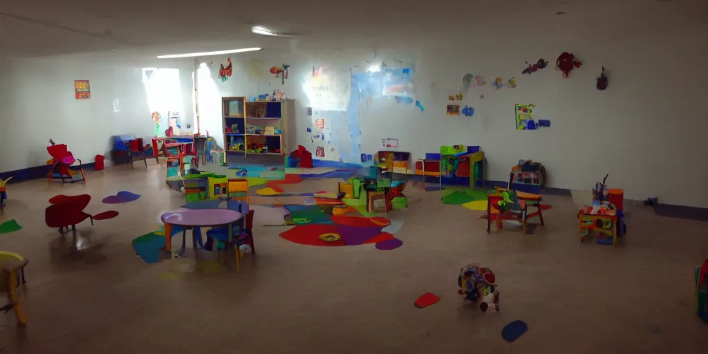 Prompt: childrens daycare indoors limital space, dimly lit, creepy photo