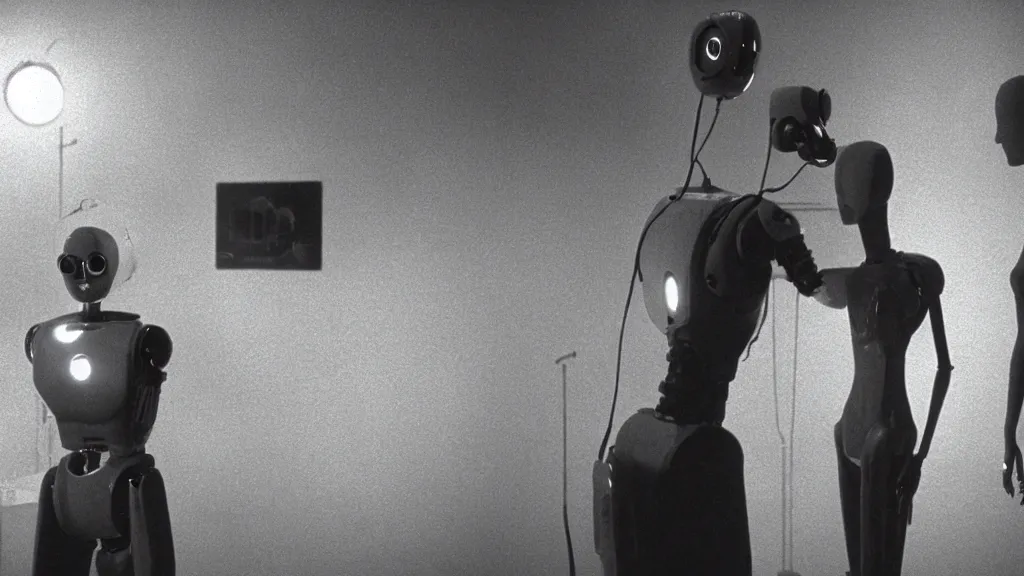 Image similar to movie scene of the girl and the robot, movie still, cinematic composition, cinematic light, by David Lynch