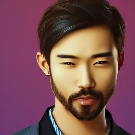 Prompt: of male portrait. creative. asian, inquisitive, bold, beard, sarcastic. contrary. big. high details, photorealistic. artstation trending.