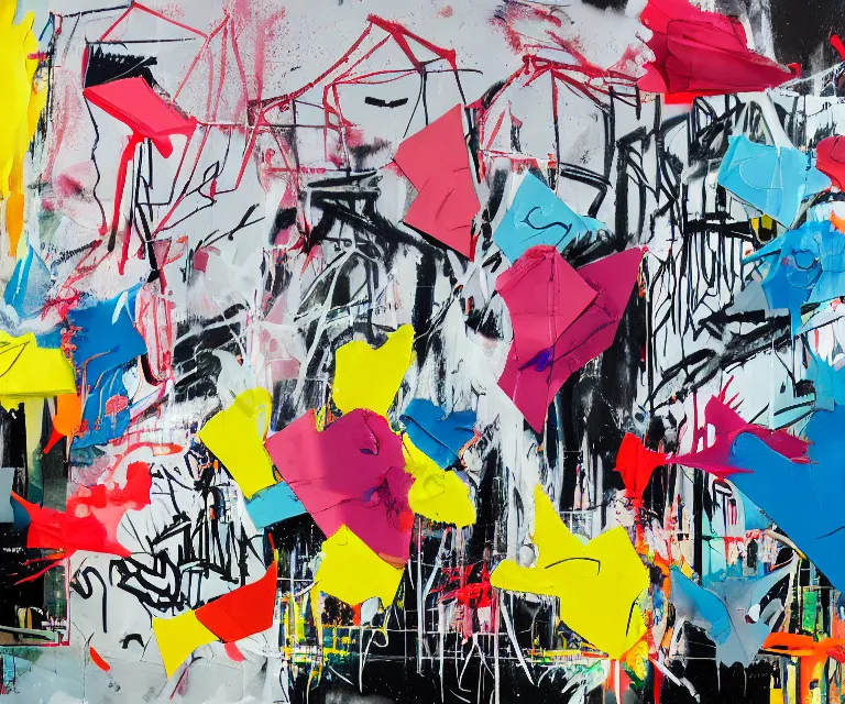 Prompt: acrylic and spraypaint, painting, paint drips, acrylic, graffiti throws, wildstyle, clear shapes, spraypaint, smeared flowers, origami crane drawings, oil pastel gestural lines, large triangular shapes, painting by ashley wood, basquiat, banksy