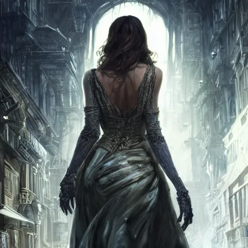 Image similar to back view of kate beckinsale as investigiator walking down street in arkham town, female, detailed face, gorgeous, amazing, new england architecture, 1 9 2 0 style, intricate, highly detailed, musculine, lovecraft illustration, painting by gaston bussiere, craig mullins