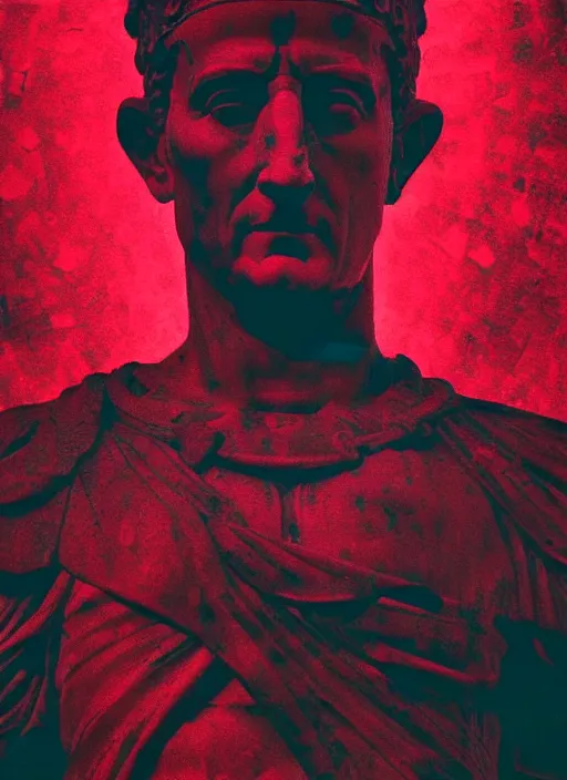 Image similar to black background with subtle red and purple design elements, statue of julius caesar, nekro, movie poster, thin lines, dark, glitch art, neo vaporwave, gritty, layout frame, trending on artstation