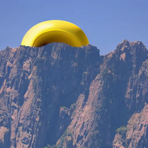 Image similar to a yellow spaceship shaped like an infinity symbol flying over a pink mountain range