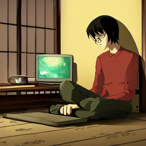Image similar to a skinny computer nerd guy sitting on the floor of his room, crossed legs, laptop, smartphone, video games, tv, books, potions, jars, shelves, knick knacks, tranquil, star charts, calm, sparkles in the air, magic aesthetic, fantasy aesthetic, faded effect, by Studio Ghibli, howls moving house inspired, detailed, intricate,